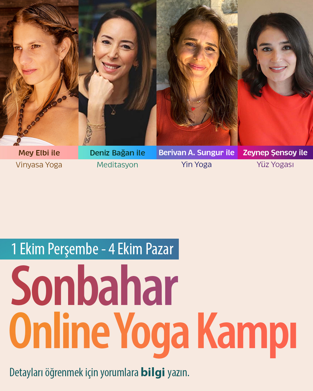 Sonbahar Online Yoga Kampı · 1 – 4 Ekim 2026 · Mey Elbi, Deniz Bağan, Berivan Aslan Sungur, Zeynep Şensoy